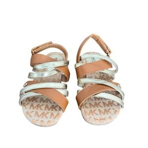 Michael Kors Girls Tan Silver Strappy Logo Sandals MK Monogram Size 13 Kids